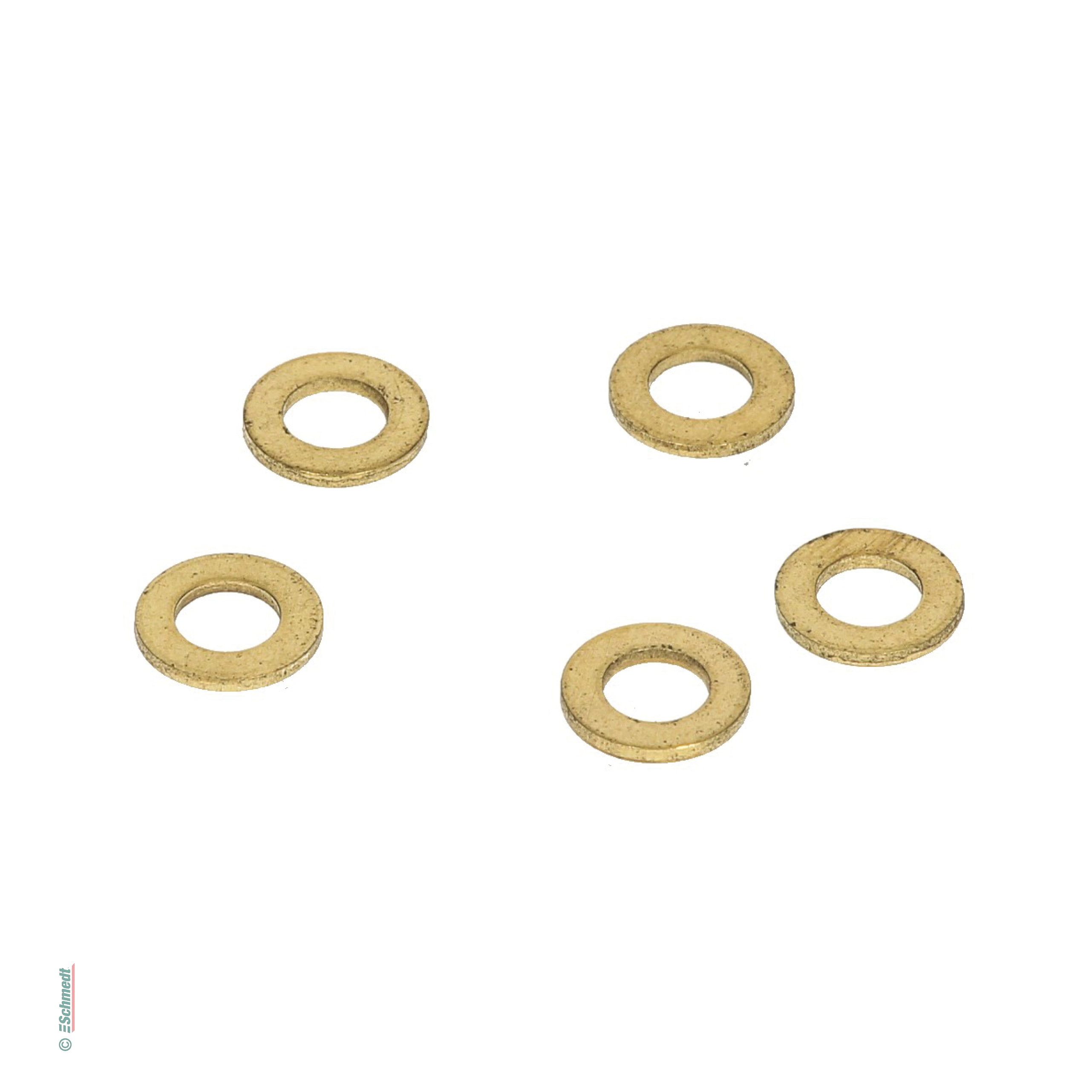 Unterlegscheiben für Buchschrauben - Standardqualität - Metall, vermessingt, goldfarbig - » Stärke: ca. 1 mm
» Außen-Ø: ca. 9,8 mm 
»  Inn...